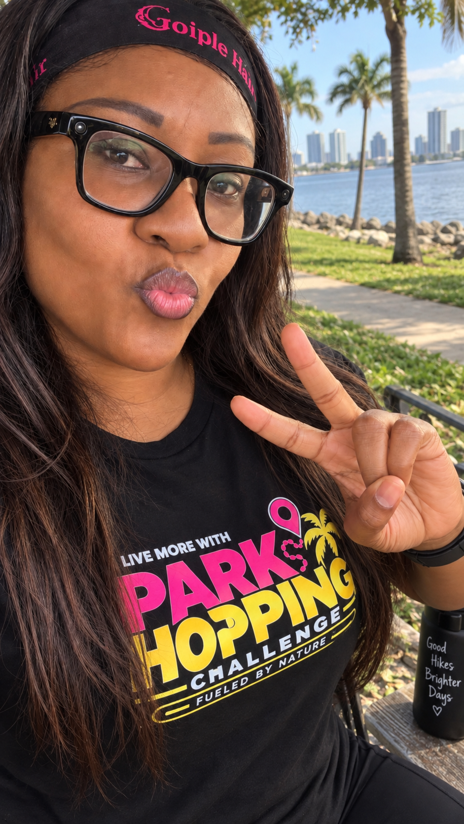 Lavern Marie Gordon Thomas, founder of LIVE MORE WITH LMGT, at a South Florida park in her Park Hopping Challenge shirt