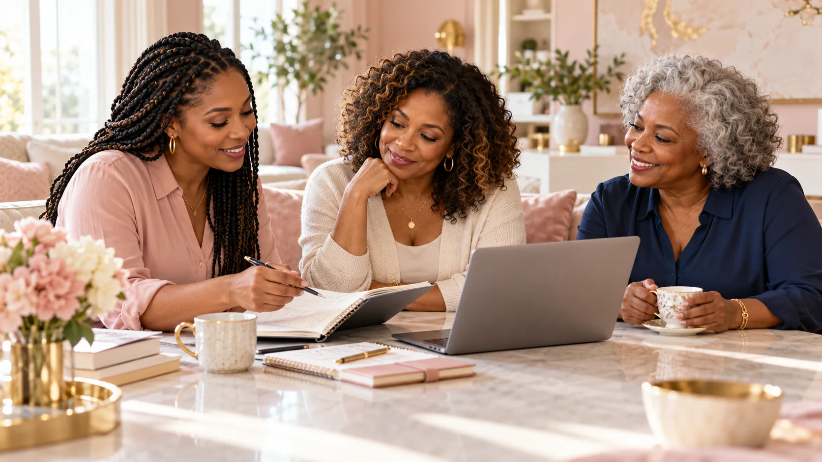Illustration of Black women of different generations learning together around a table with notebooks and a laptop