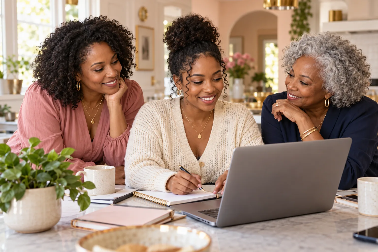 Illustration of a Black grandmother, mother and daughter planning their family's future together