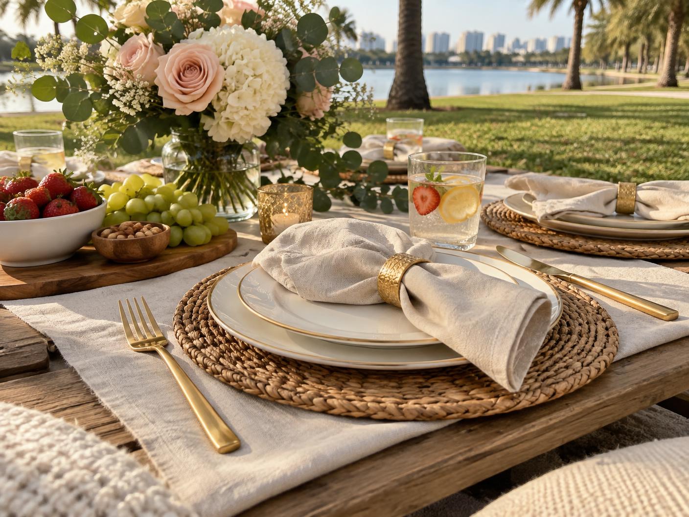 Sample picnic table styling with elegant place settings, fruit and flowers